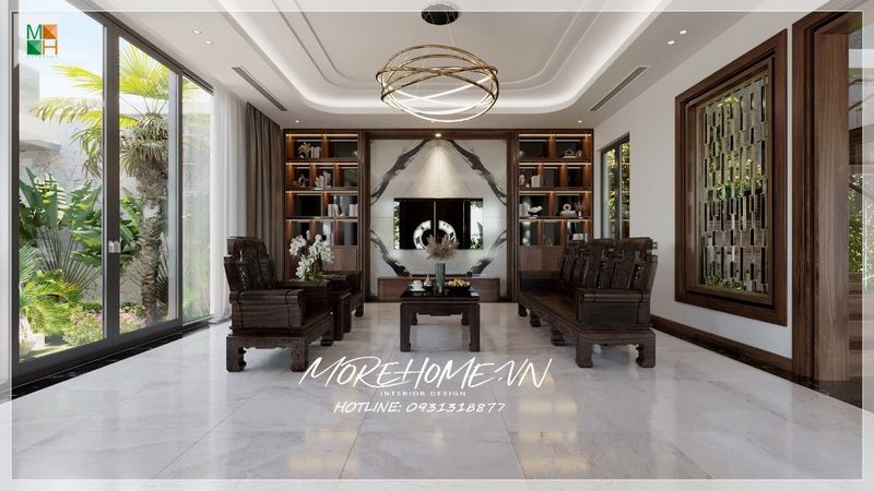 Kệ tủ gỗ tự nhiên mặt kính âm tường hiện đại tối ưu diện tích, sắp xếp khoa học thẩm mỹ