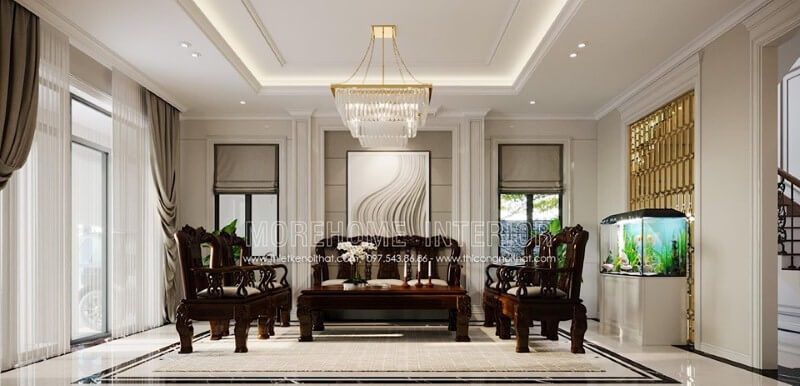 Bố trí nội thất phòng khách với hệ cửa lớn cùng rèm 2 lớp giúp không gian luôn được thông thoáng.