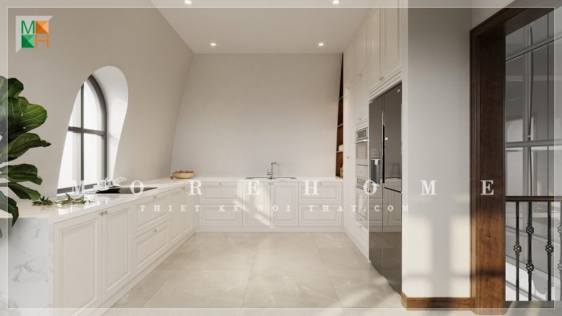 Bàn đá ốp bếp màu trắng góp phần mang đến sự tiện nghi và là động lực giúp các mẹ vào bếp nấu những bữa ăn ngon và nóng hổi cho cả gia đình.
